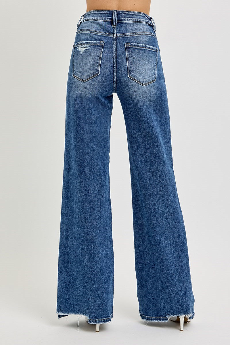 Tummy Control High Rise Wide Leg Jeans in Dark Blue by Risen
