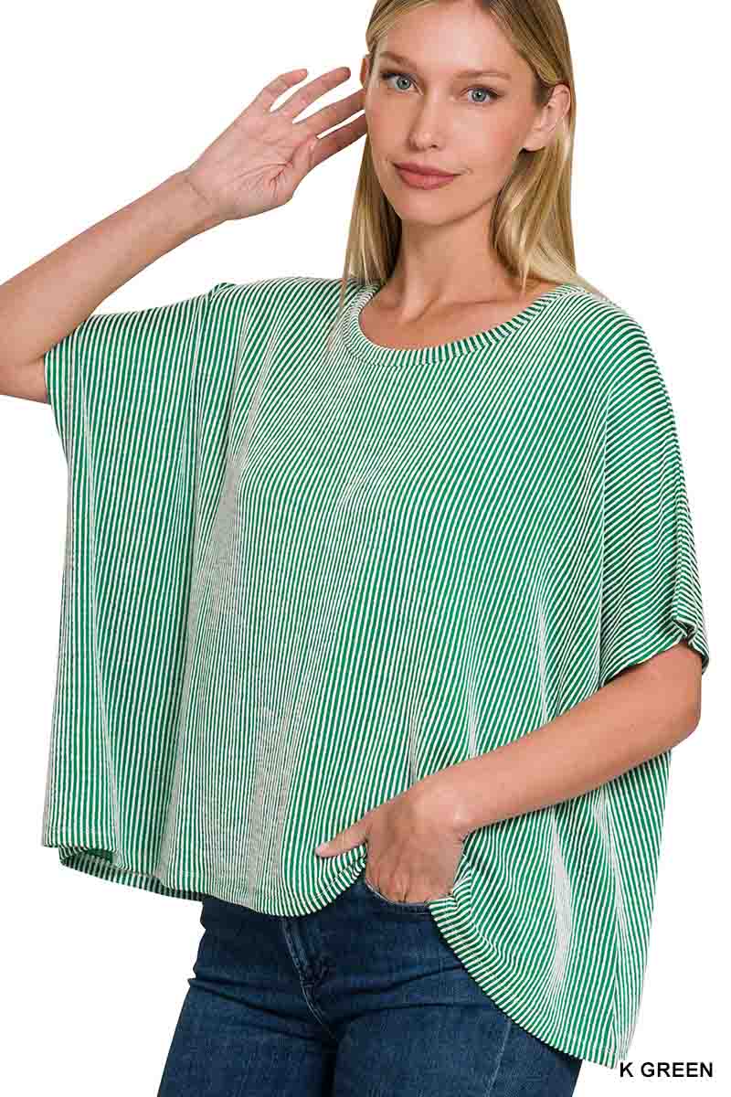 Ribbed Striped Oversized Short Sleeve Top