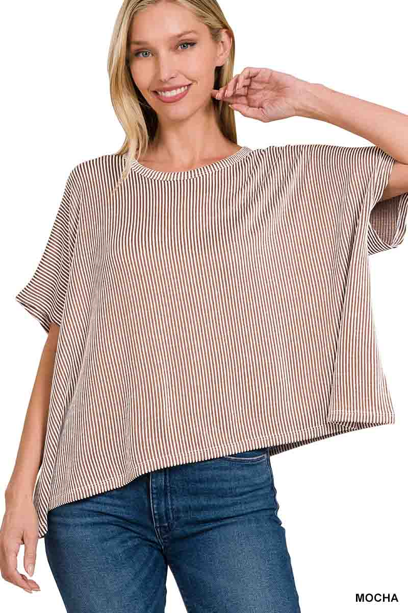 Ribbed Striped Oversized Short Sleeve Top