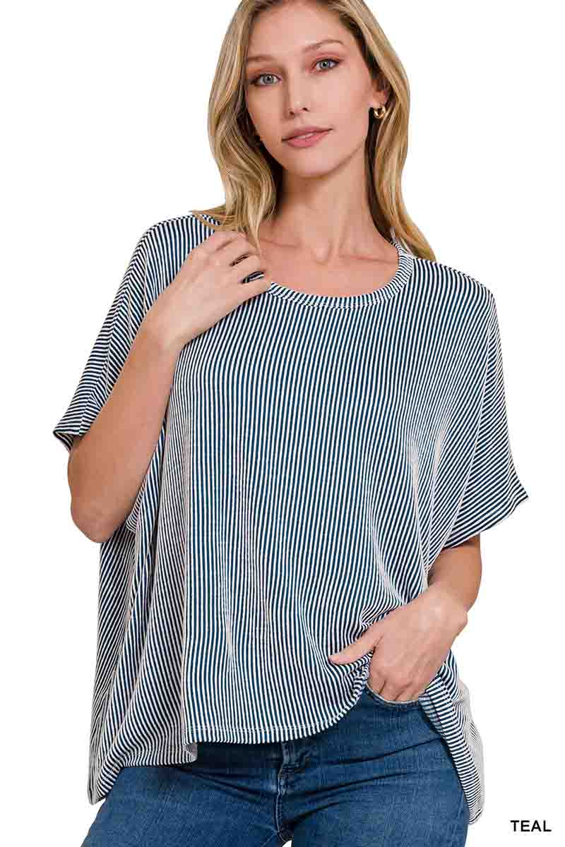 Ribbed Striped Oversized Short Sleeve Top