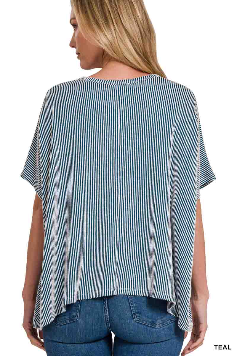Ribbed Striped Oversized Short Sleeve Top