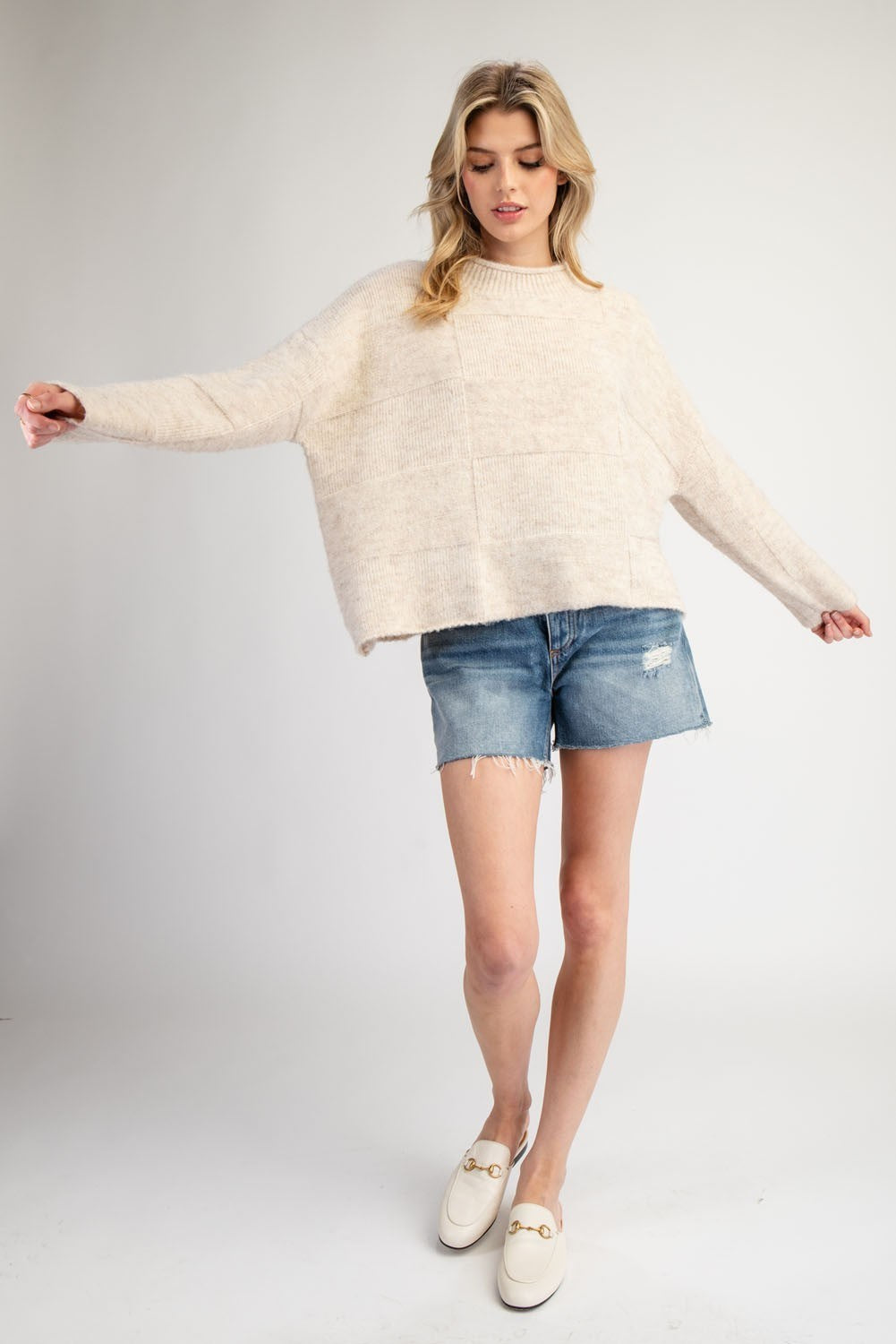 Checker Mock Neck Sweater Top in Oatmeal by ee:some