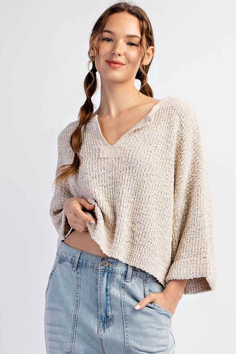 Notched Collar 3/4 Sleeve Sweater in Oatmeal by ee:some