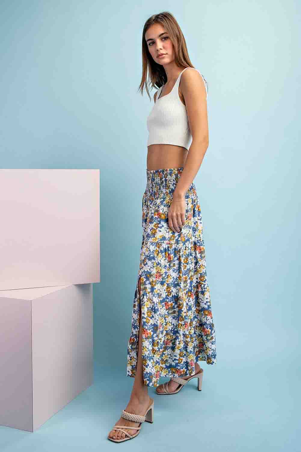 Floral Front Slit Maxi Skirt by ee:some