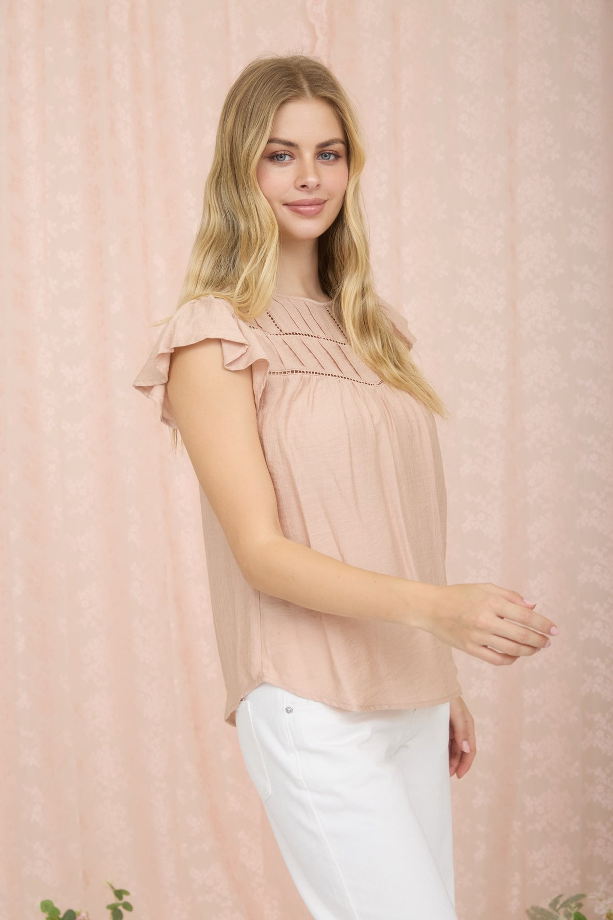 Front Ladder Line Lace Detail Flounce Sleeve Top by blu pepper