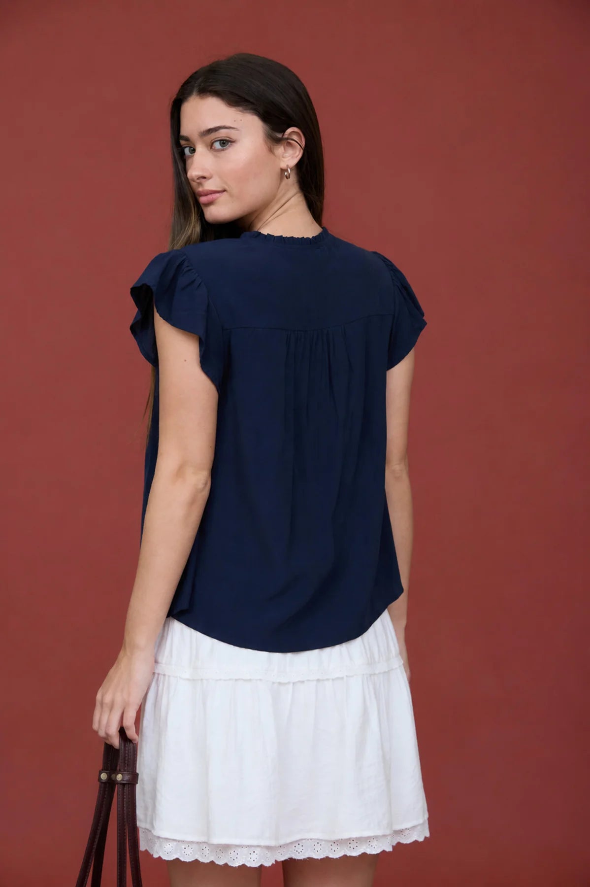 Ruffled Yoke SSL Henley Blouse in Navy by Blu Pepper