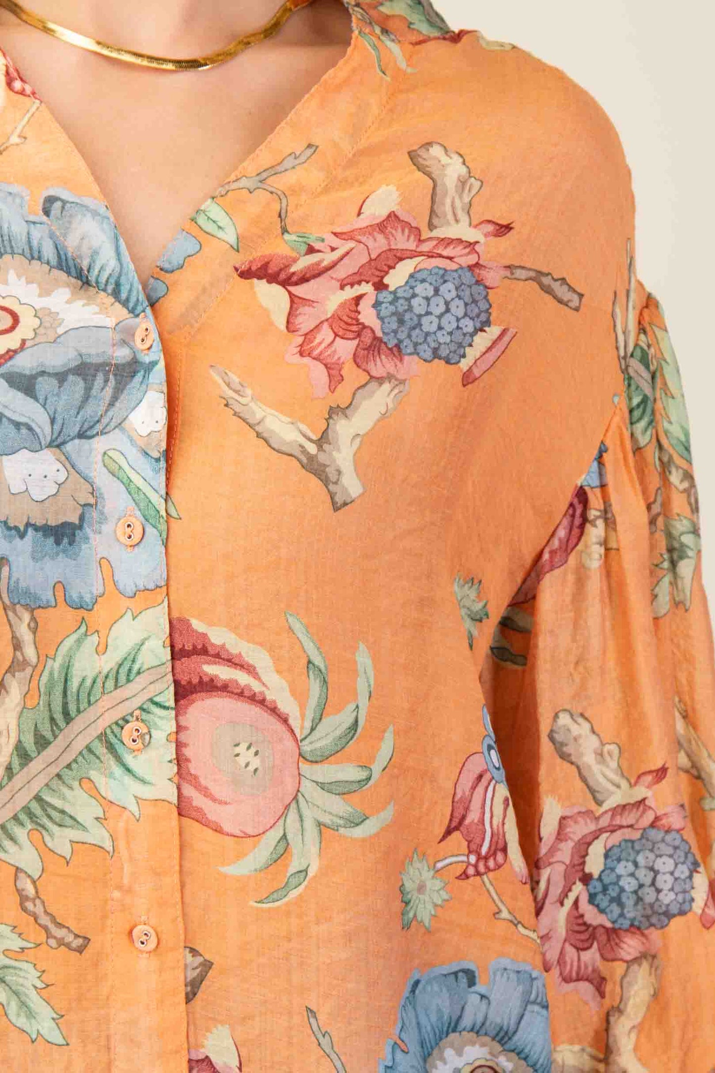 Floral 3/4 Length Gathered Balloon Sleeves Blouse in Coral by GiGio