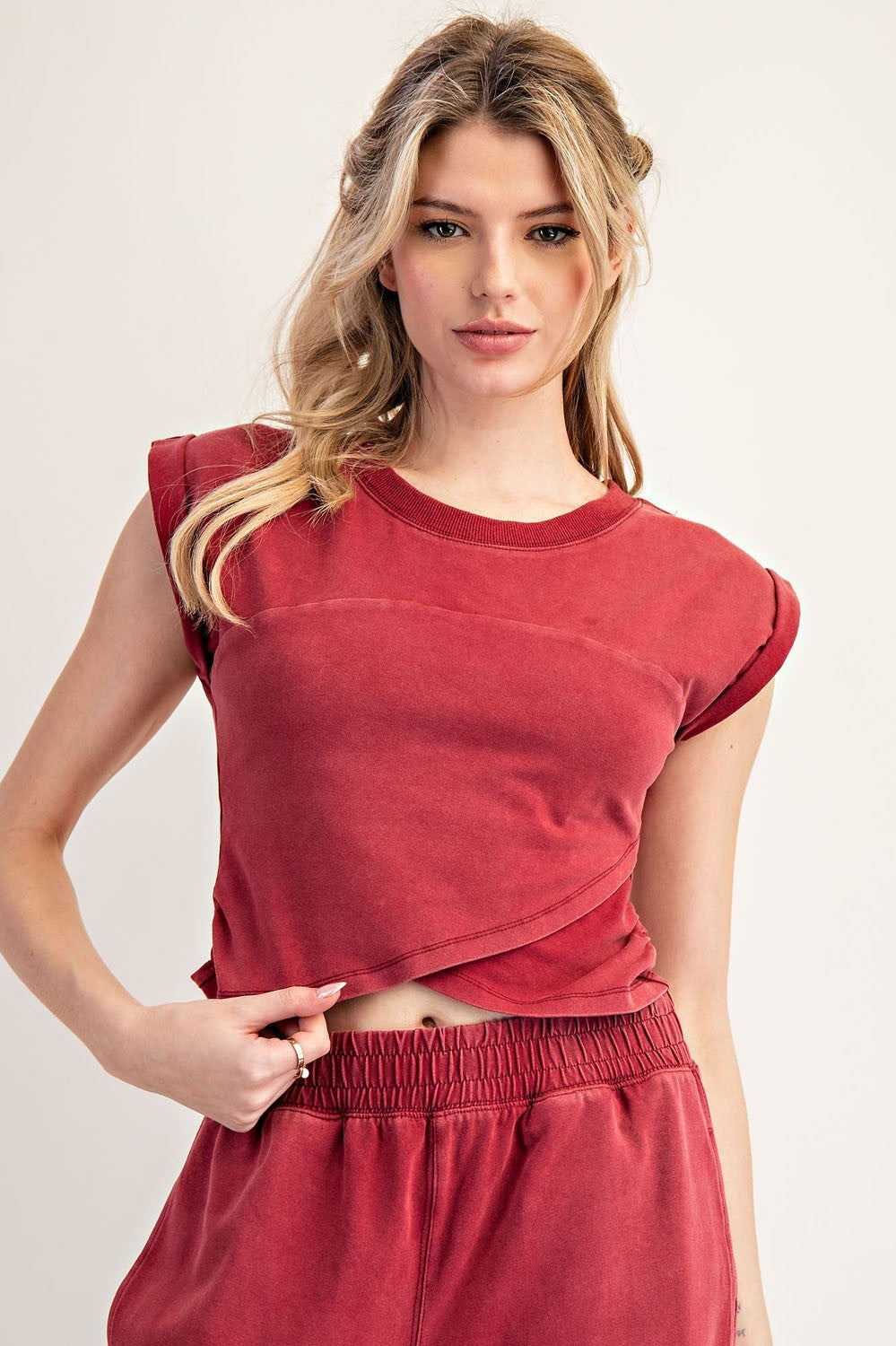 Mineral Washed Short Sleeve Wrap Top by ee:some