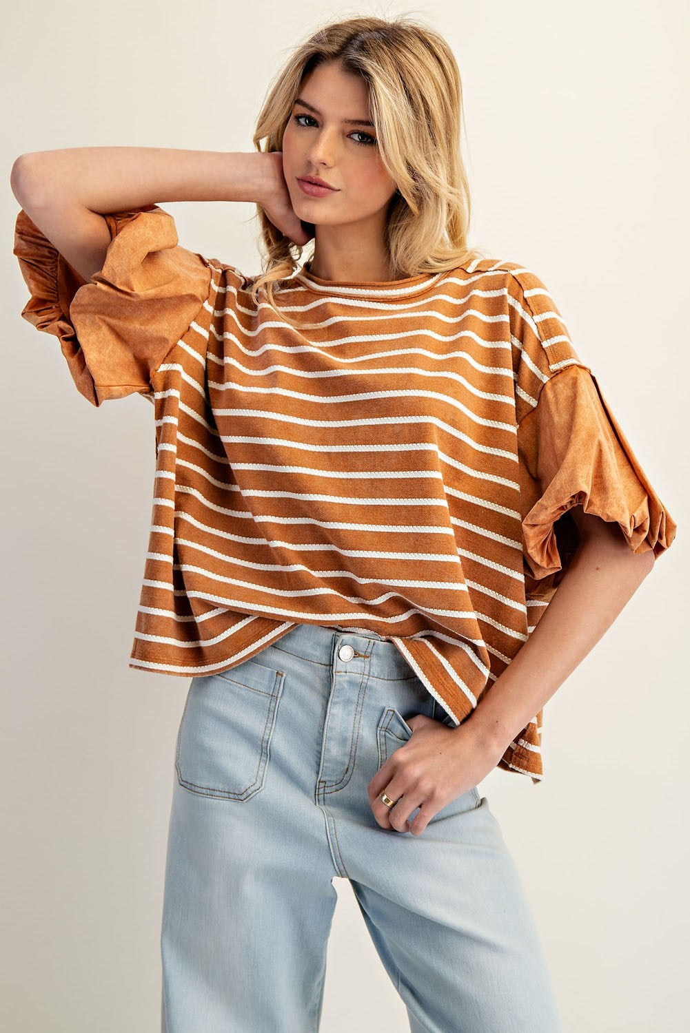 Striped Puff Sleeve Round Neck Top by ee:some