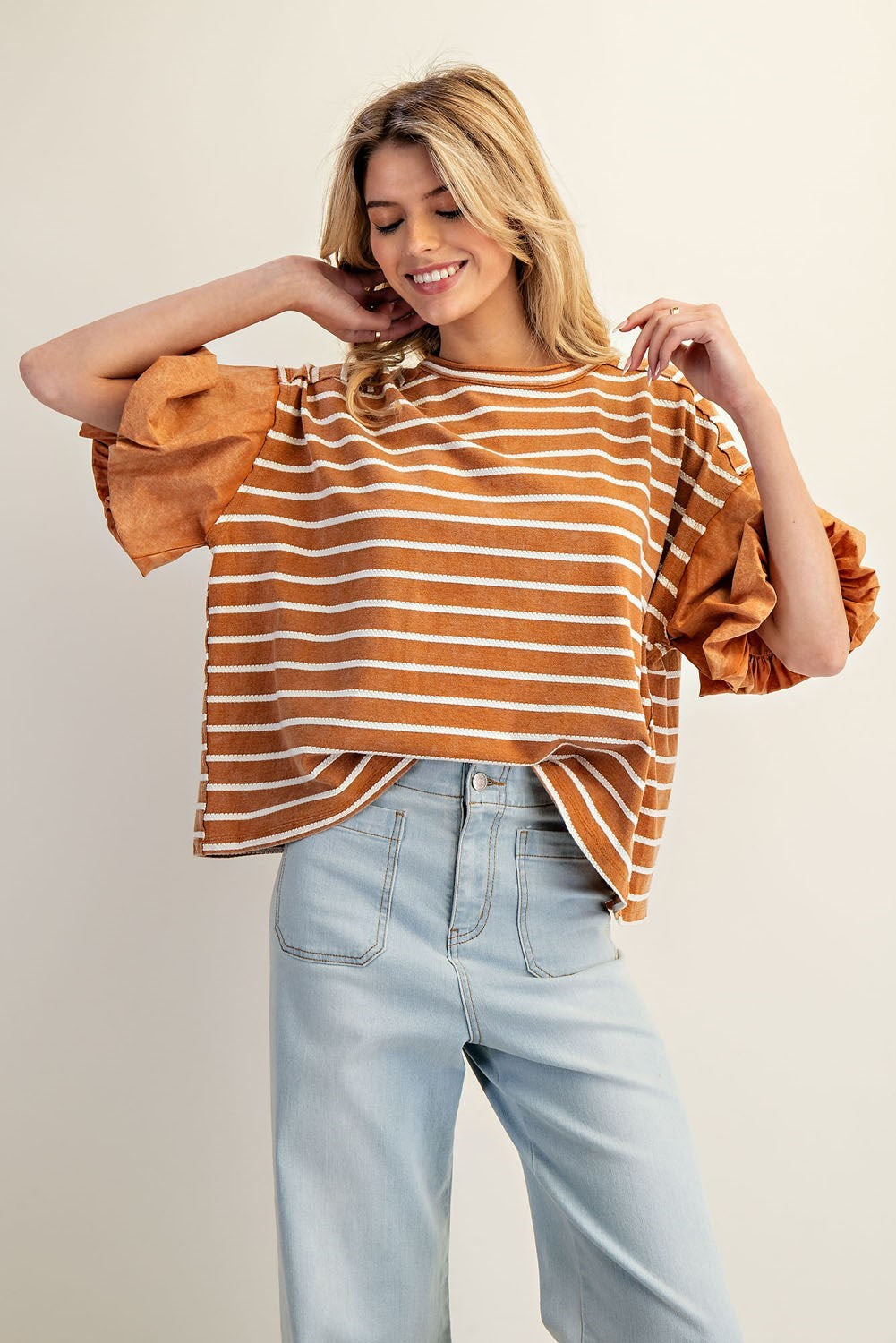Striped Puff Sleeve Round Neck Top by ee:some