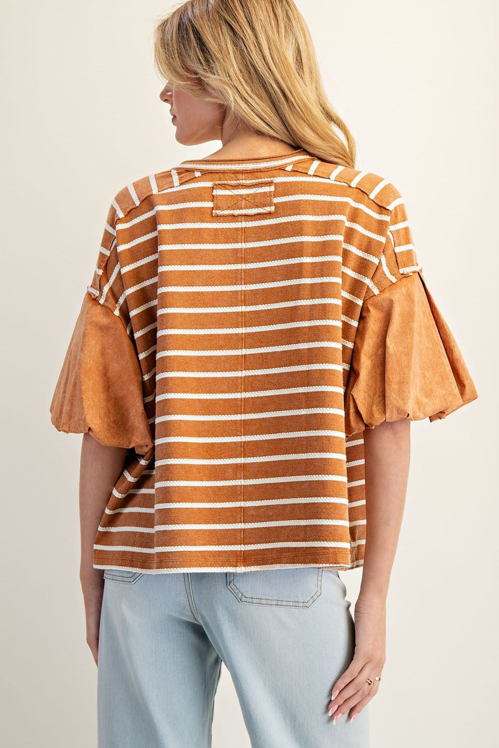 Striped Puff Sleeve Round Neck Top by ee:some