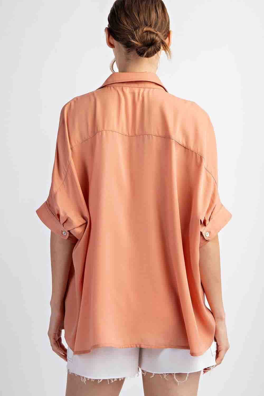 Short Sleeve Solid Button Down Top in Apricot by ee:some