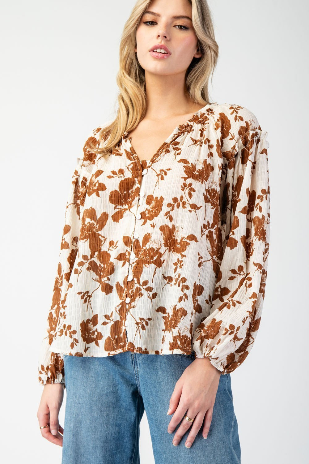 Floral Printed Crinkle Long Sleeve Blouse Top by ee:some