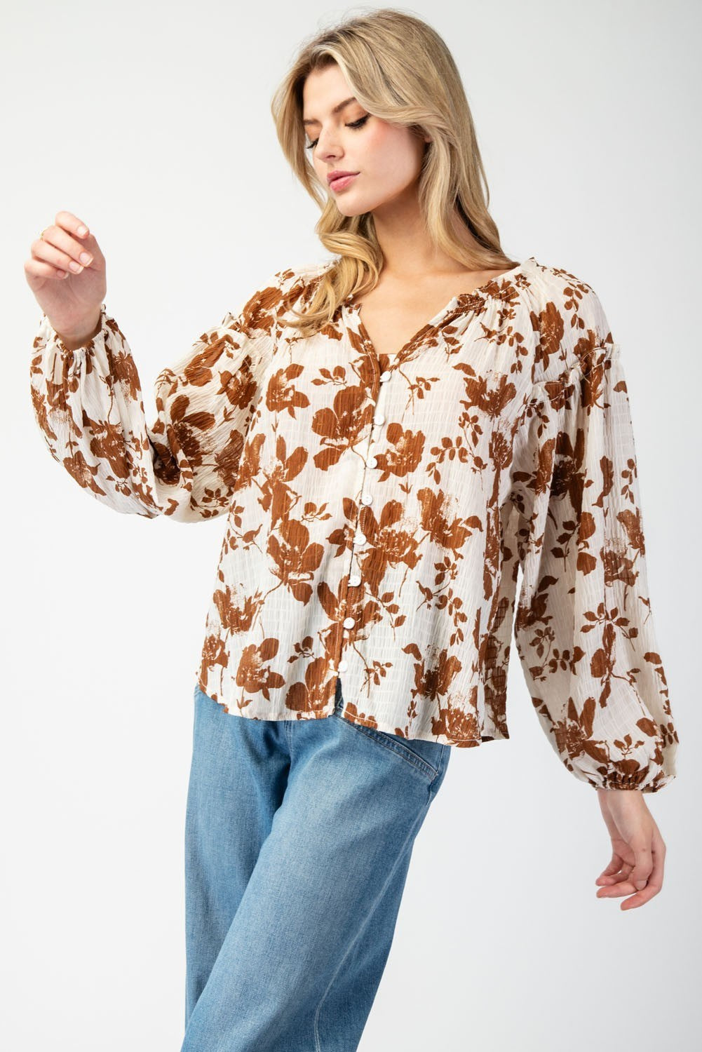 Floral Printed Crinkle Long Sleeve Blouse Top by ee:some