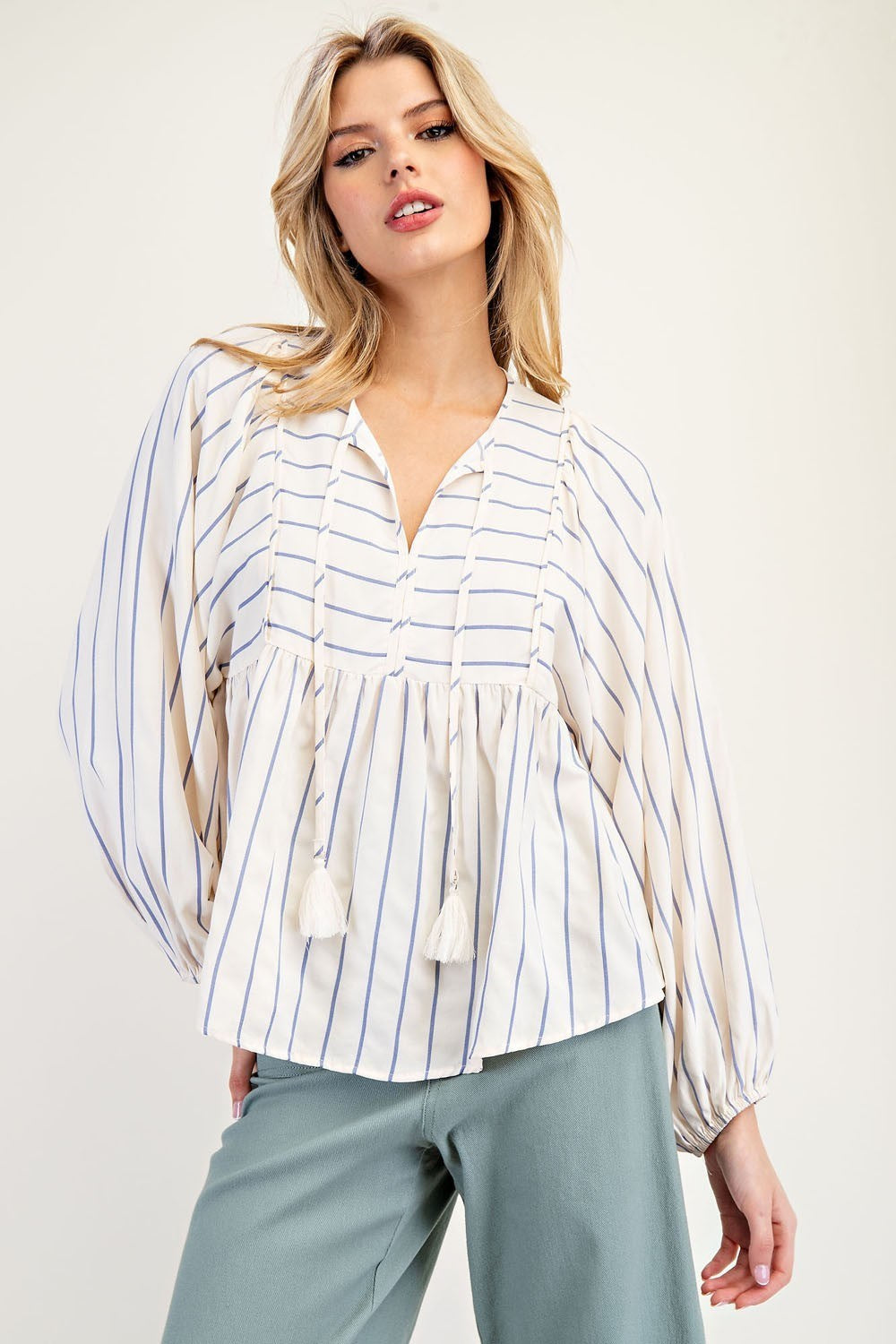 Tie Front Striped Long Sleeve Blouse by ee:some