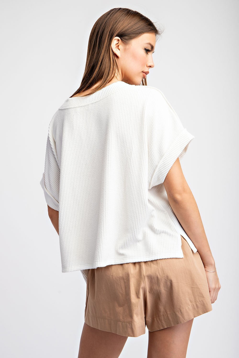 Textured V-Neck Short Sleeve Top by ee:some