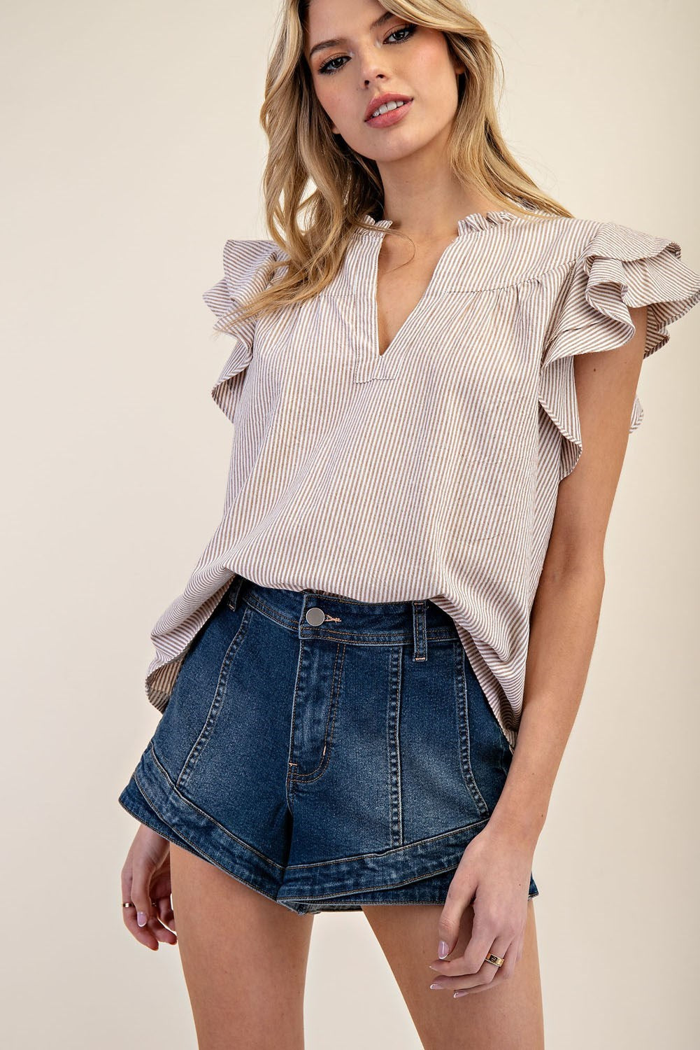 Striped Notched V-Neck Collar Top by ee:some