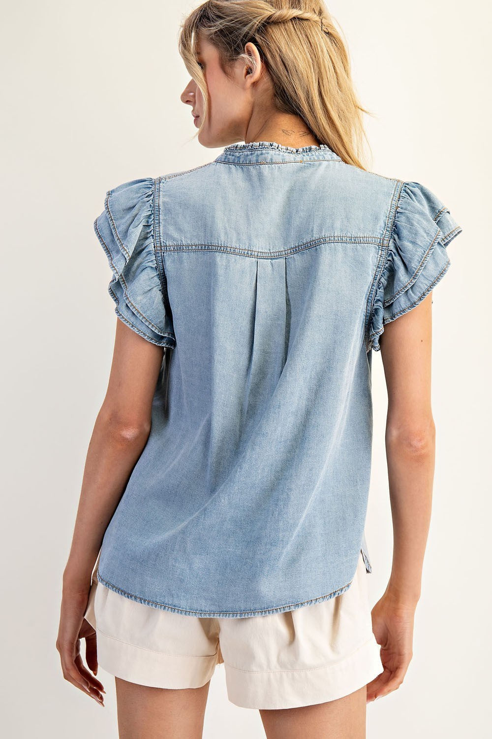 Washed Ruffle Trim Flutter Sleeve Chambray Blouse by ee:some