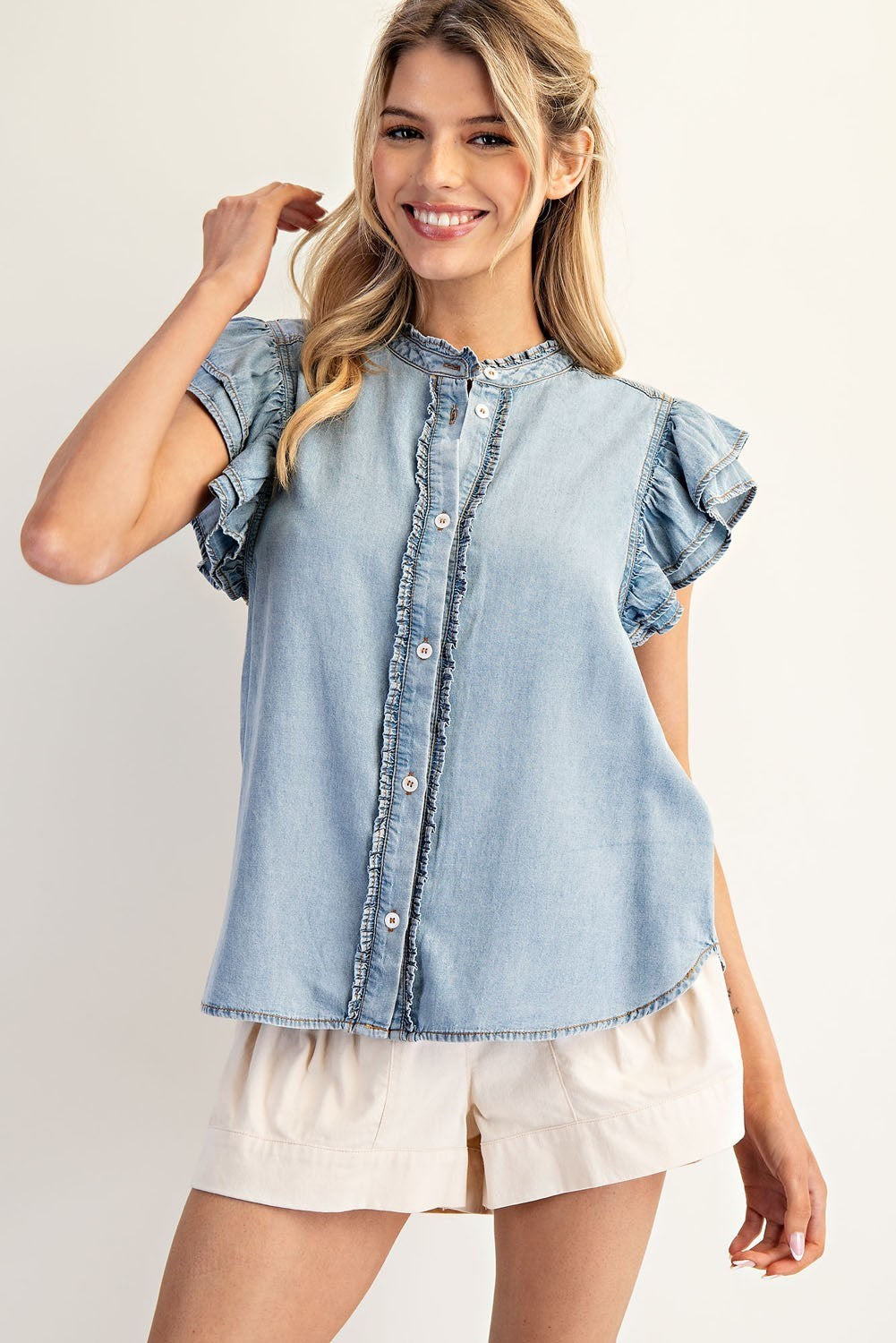 Washed Ruffle Trim Flutter Sleeve Chambray Blouse by ee:some