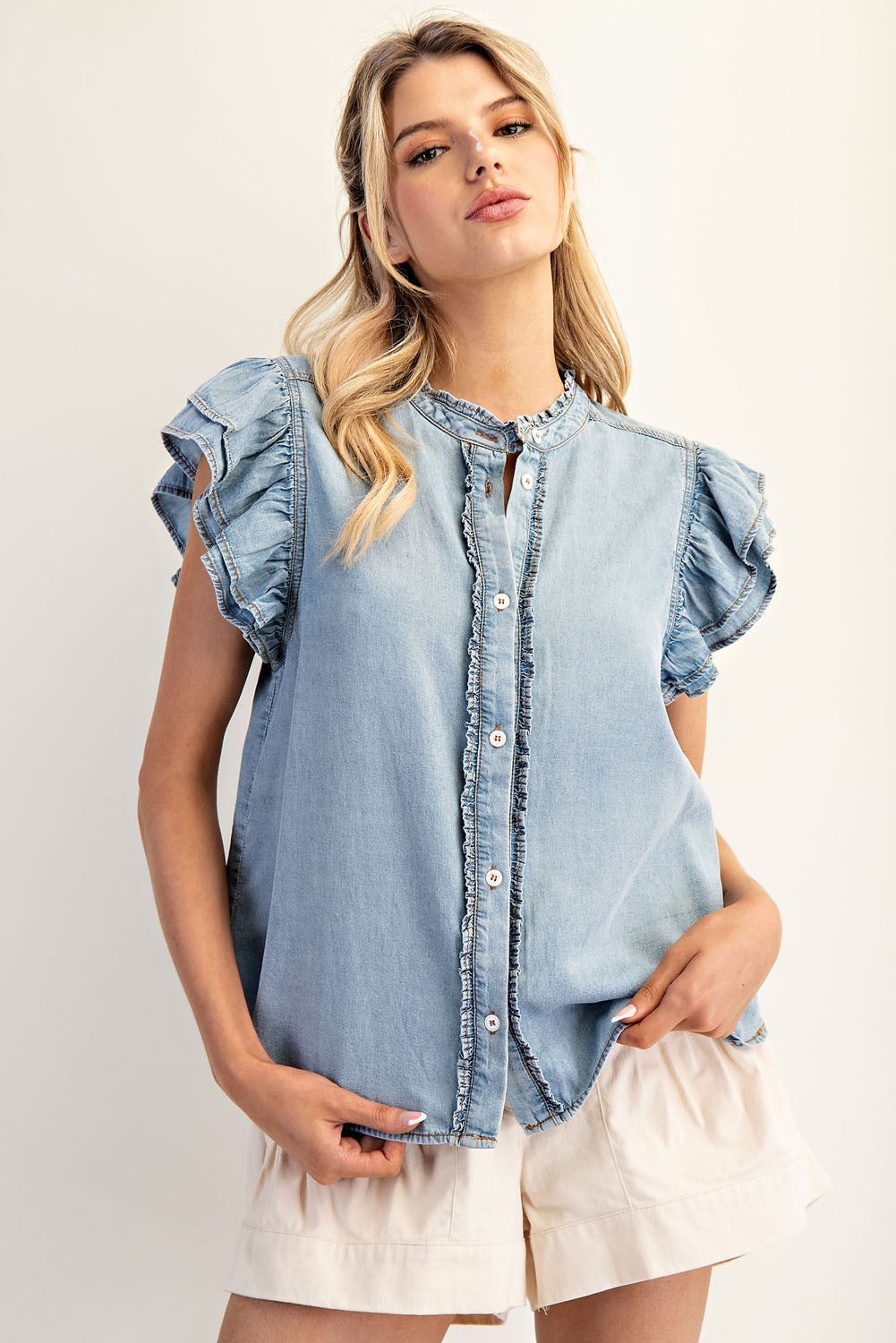 Washed Ruffle Trim Flutter Sleeve Chambray Blouse by ee:some
