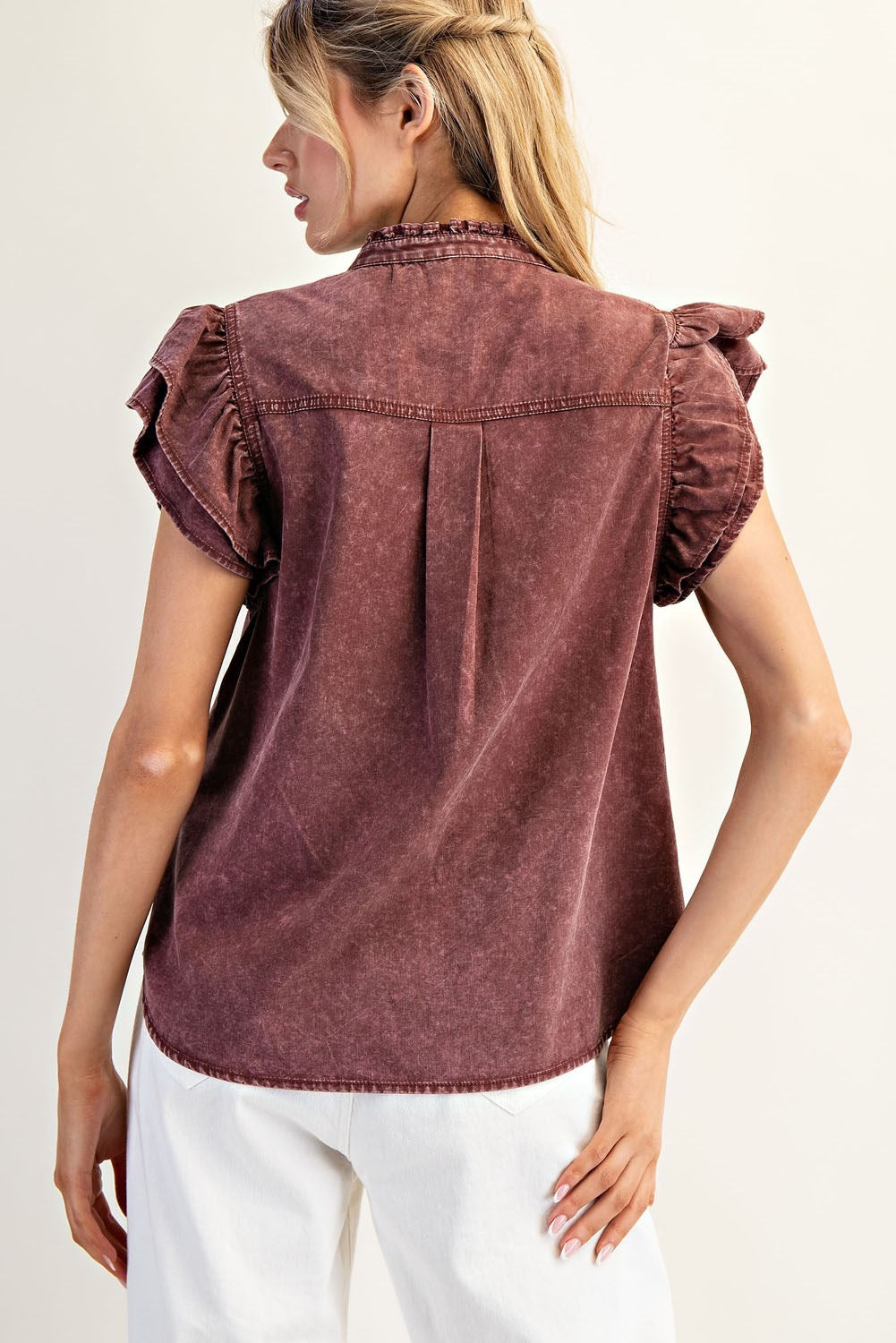 Washed Ruffle Trim Flutter Sleeve Blouse by ee:some