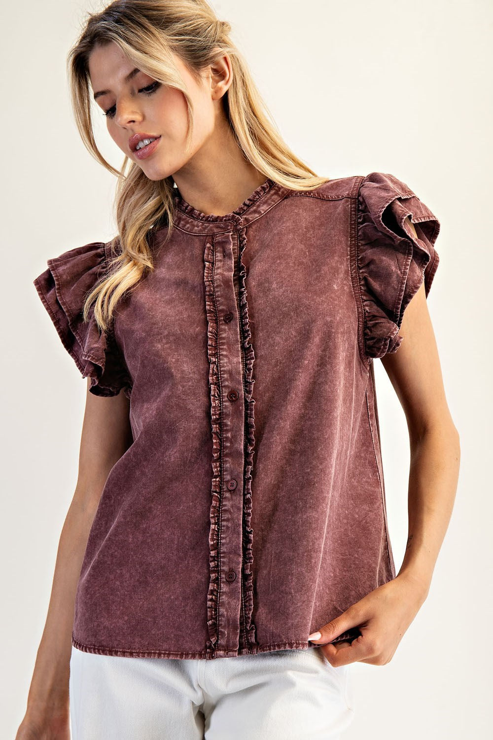 Washed Ruffle Trim Flutter Sleeve Blouse by ee:some