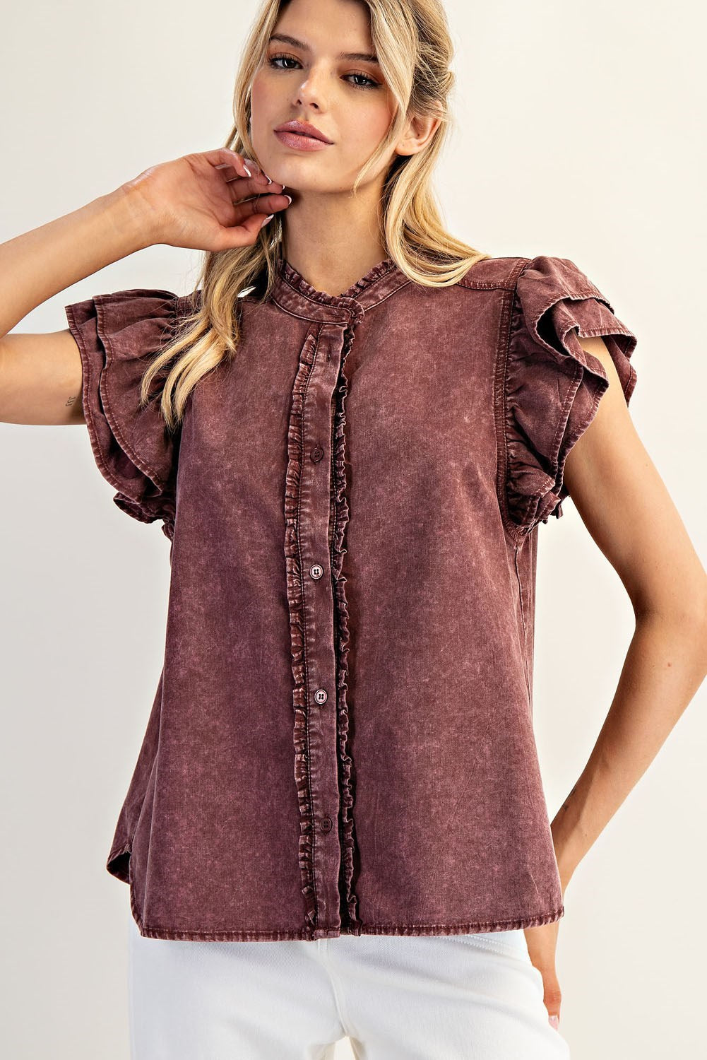 Washed Ruffle Trim Flutter Sleeve Blouse by ee:some