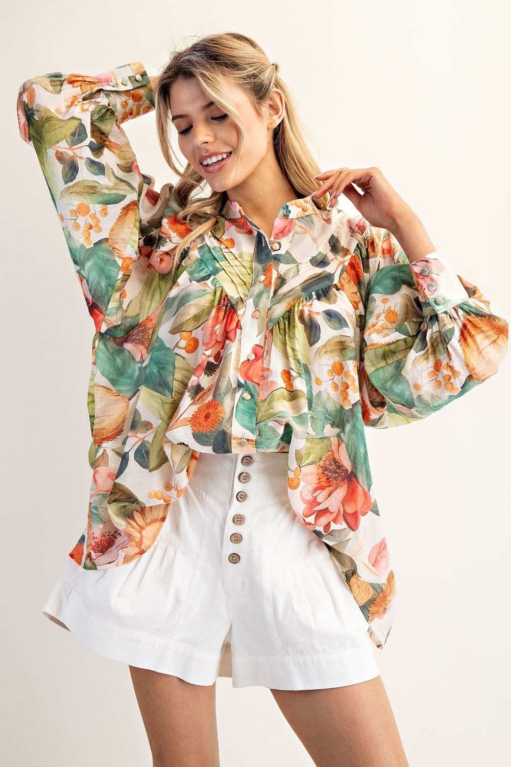 Floral Printed Button Down Shirt Top by ee:some