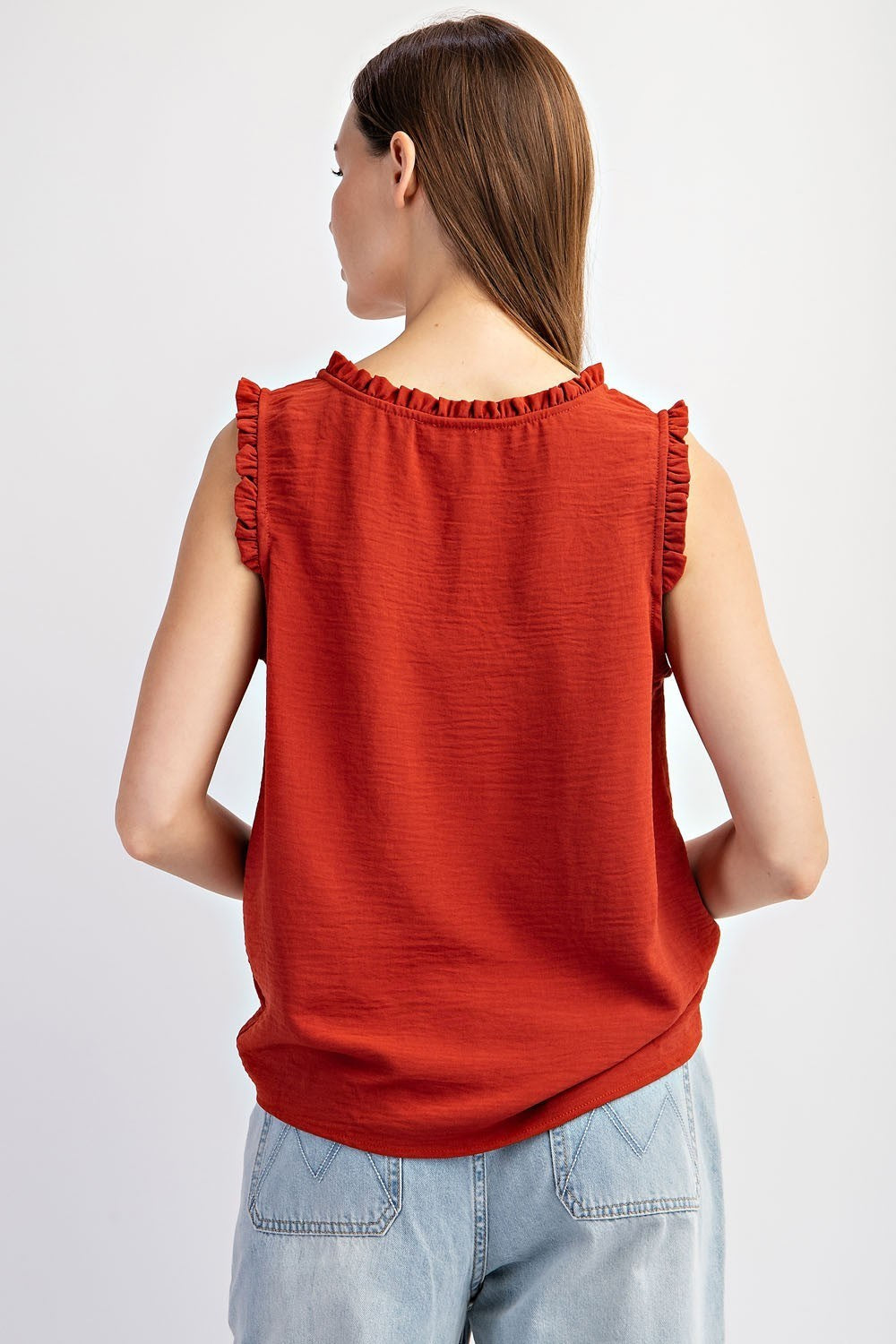 Sleeveless Ruffle Trim Top by ee:some