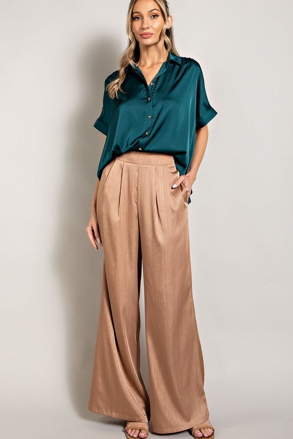 Satin Short Sleeve Button Down Shirt in Teal by ee:some