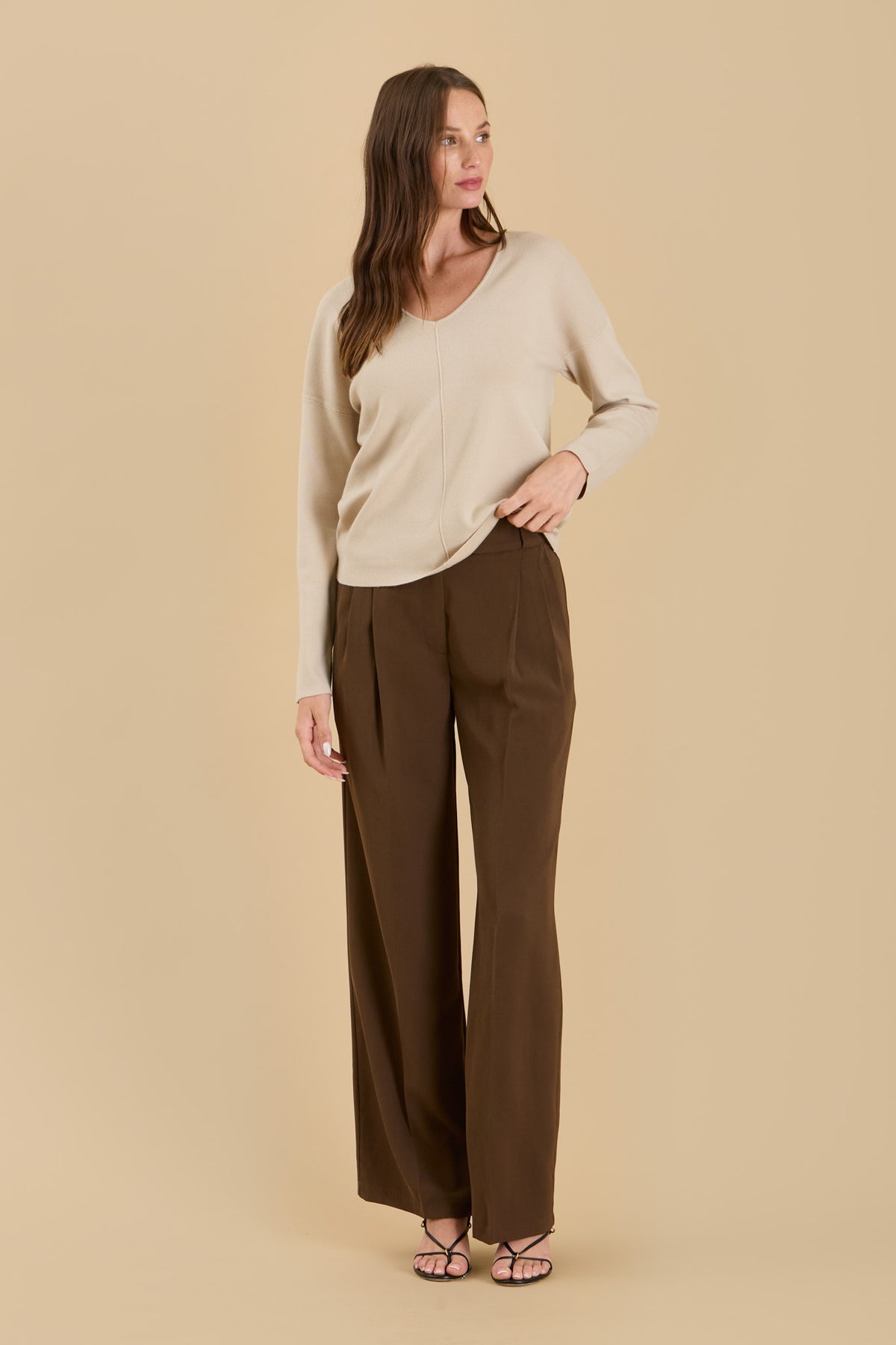 Solid V Neck Front Seam Knit Sweater by Blu Pepper
