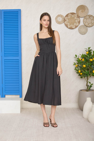 Square Neck Front Tie Corset Detail Midi Dress by blu pepper