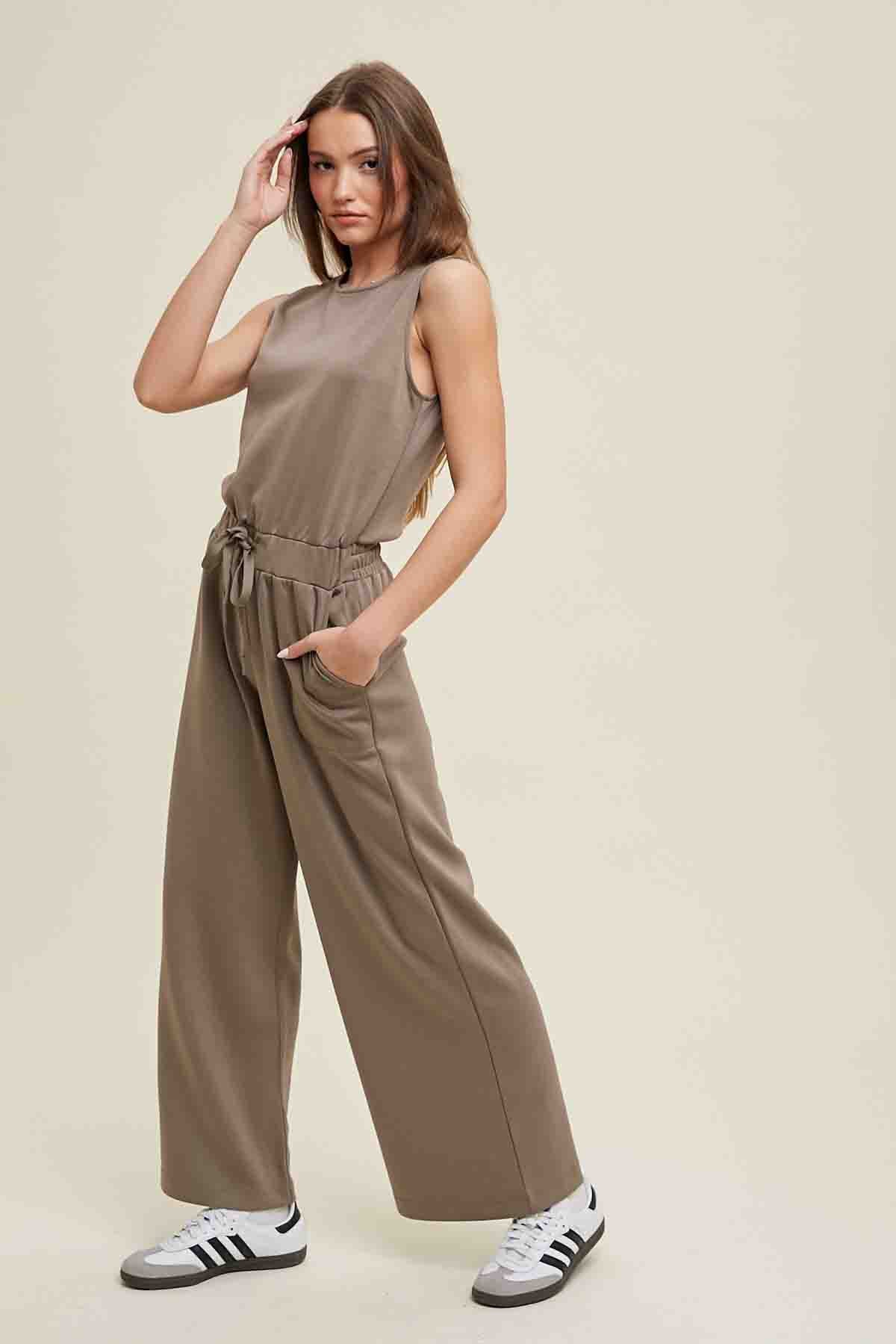 Wide Leg Scuba Sleeveless Jumpsuit with Drawstring in Olive by Wishlist