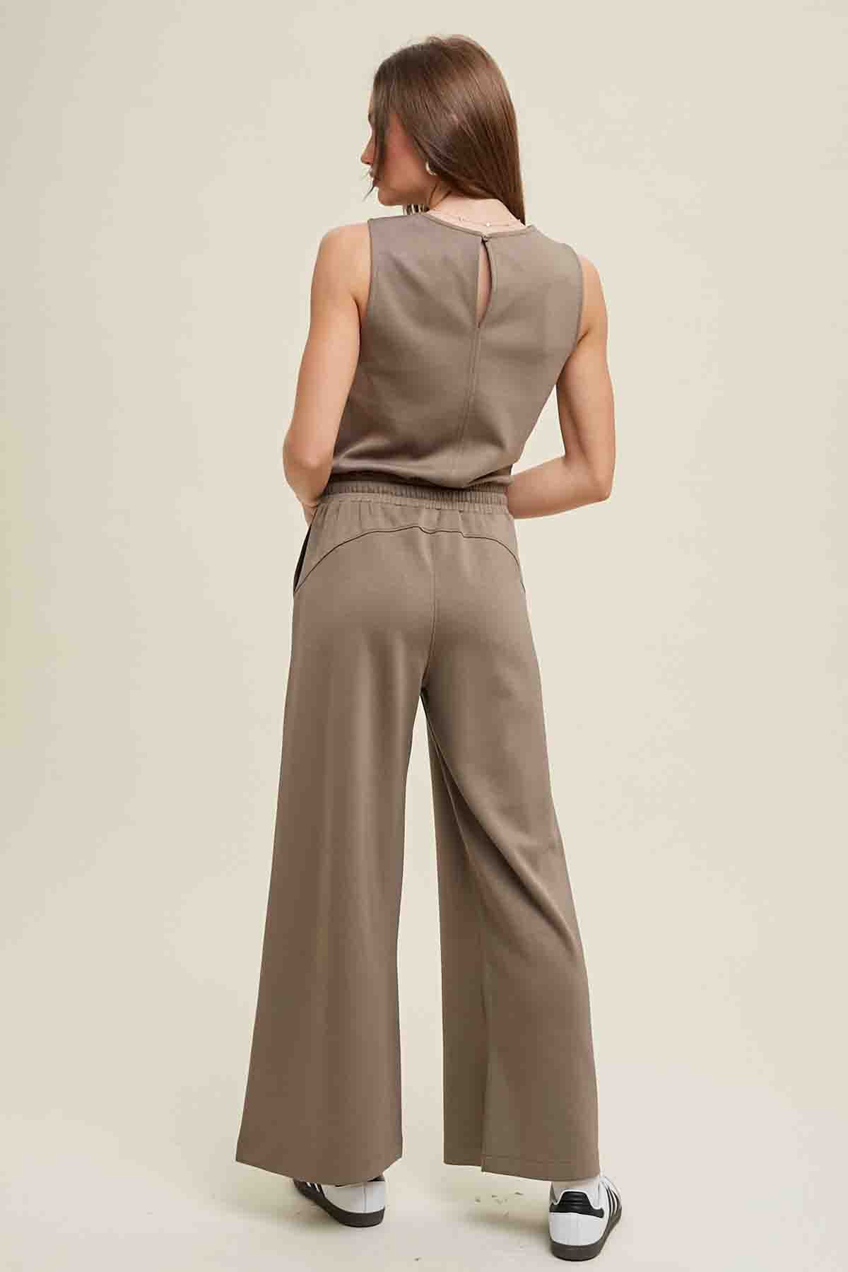 Wide Leg Scuba Sleeveless Jumpsuit with Drawstring in Olive by Wishlist