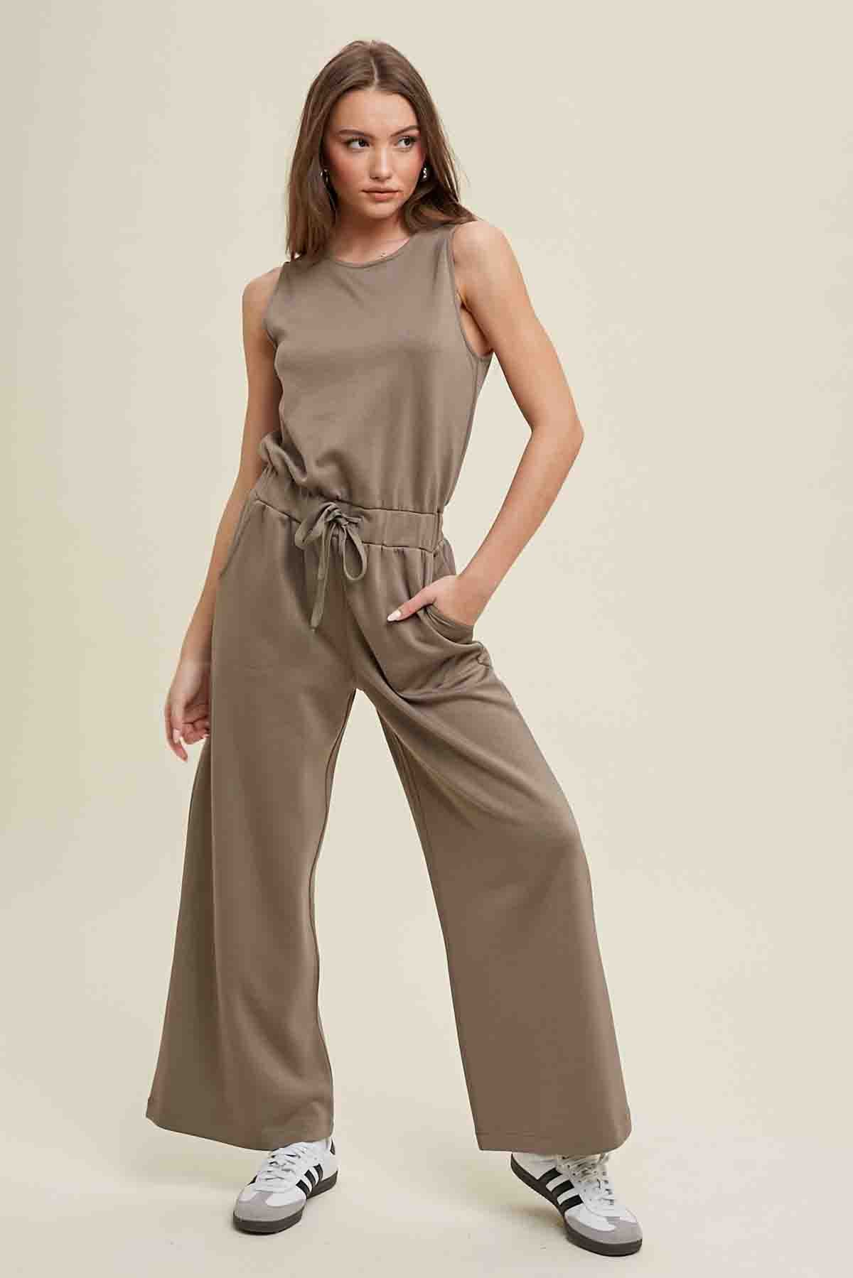 Wide Leg Scuba Sleeveless Jumpsuit with Drawstring in Olive by Wishlist