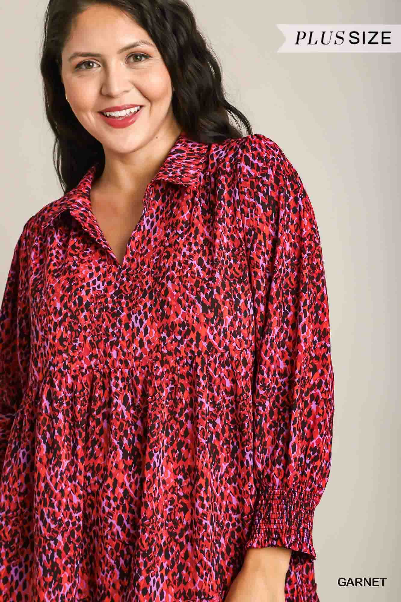 Mixed Print Collared Long Sleeve Plus Dress with Ruffle Trim Detail in Garnet by Umgee