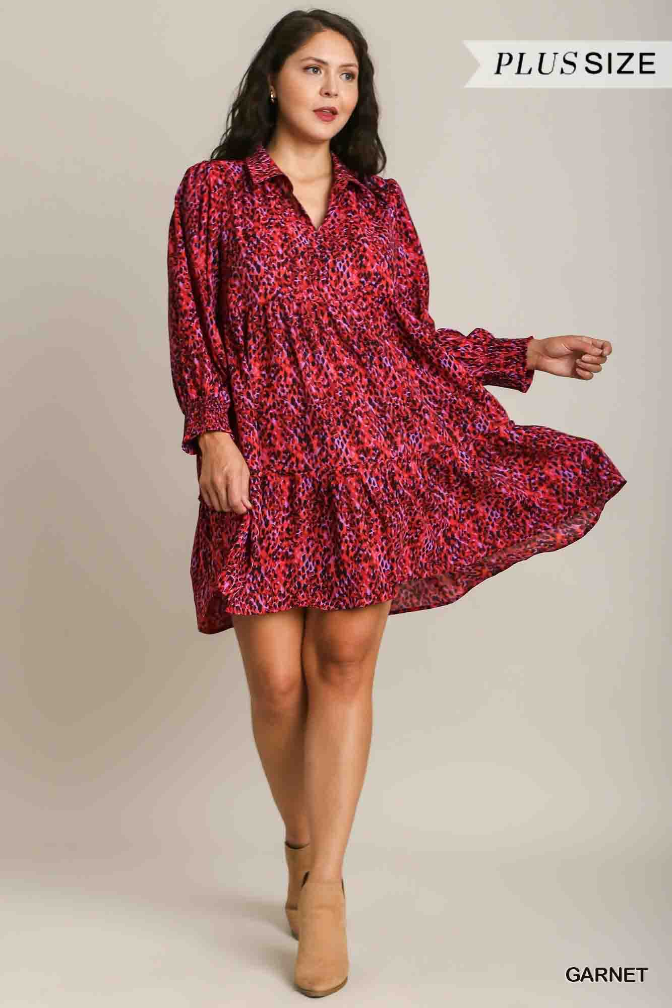 Mixed Print Collared Long Sleeve Plus Dress with Ruffle Trim Detail in Garnet by Umgee