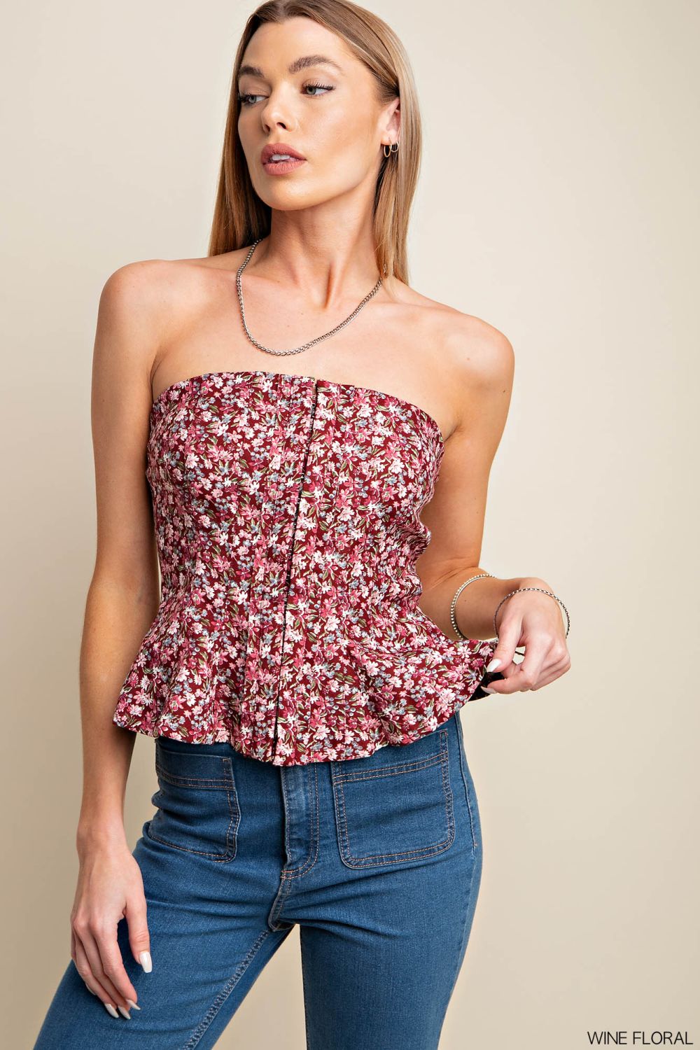Wine Floral Corset with Smocked Back