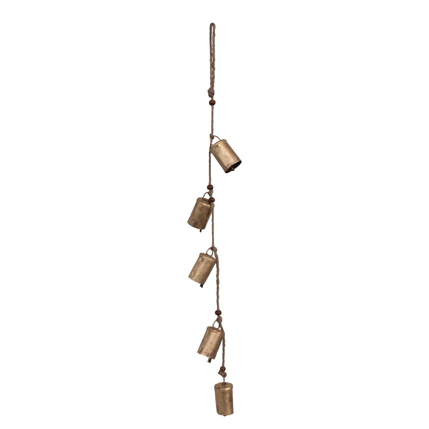 28"H Hanging Metal Bells with Wood Beads and Jute Rope, Antique Brass Finish by Creative Co-Op