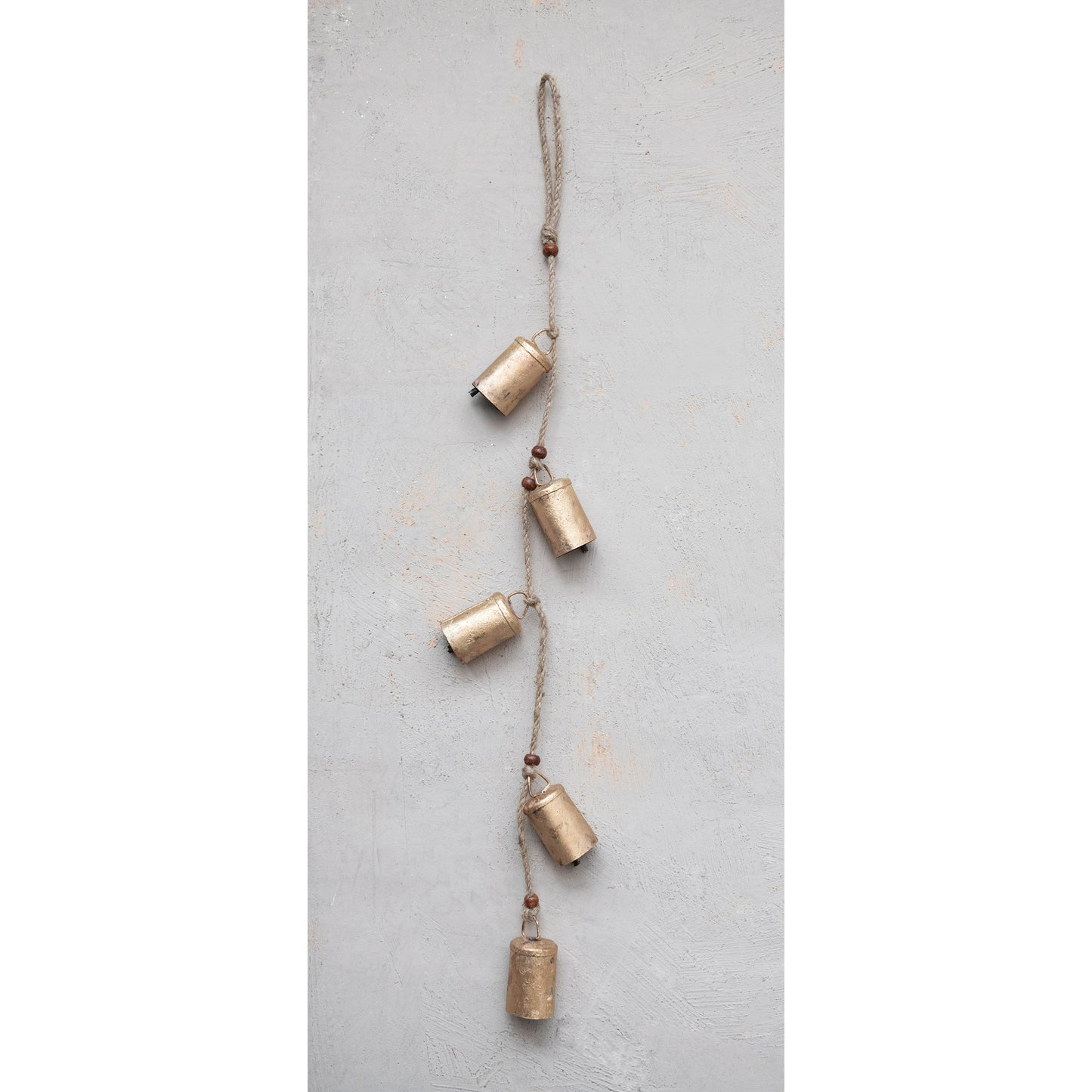 28"H Hanging Metal Bells with Wood Beads and Jute Rope, Antique Brass Finish by Creative Co-Op
