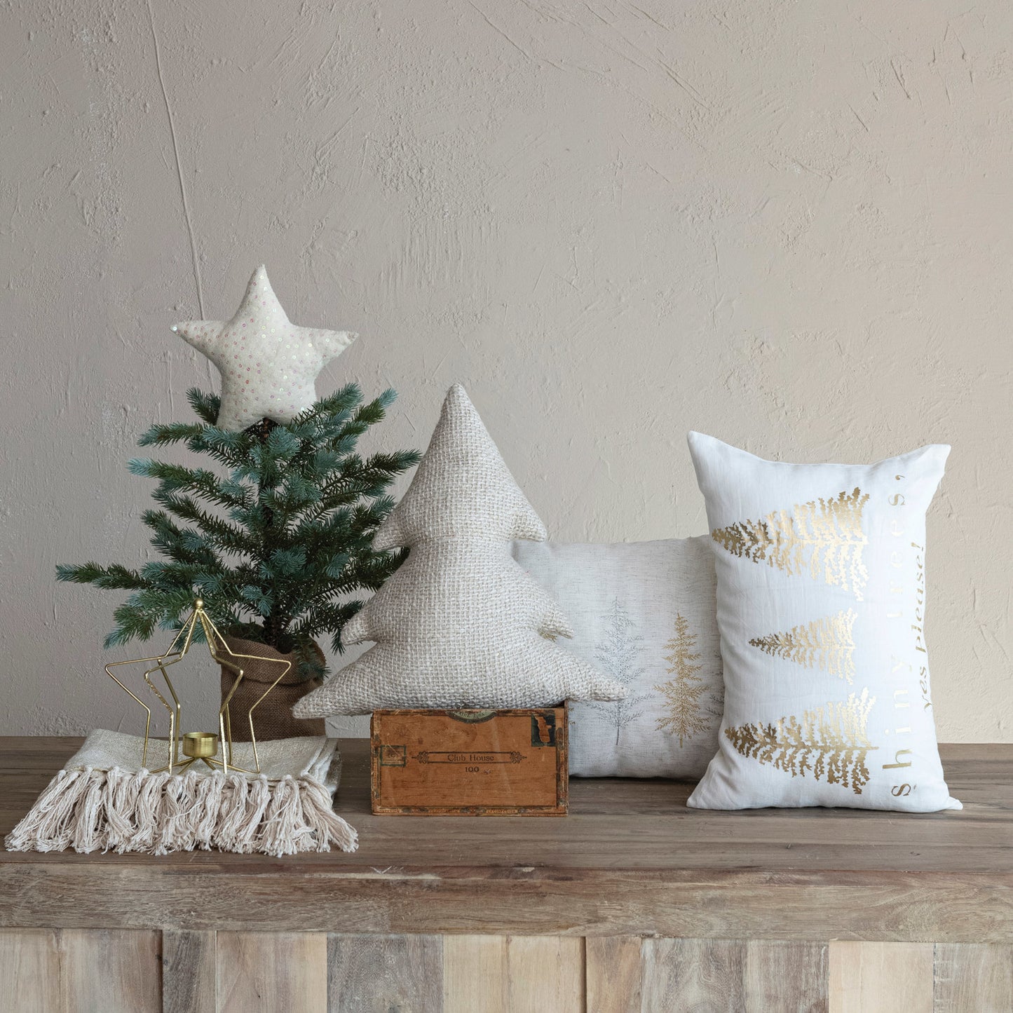 18"L x 18"H Woven Cotton Slub Tree Shaped Pillow w/ Metallic Gold Thread, Natural by Creative Co-Op