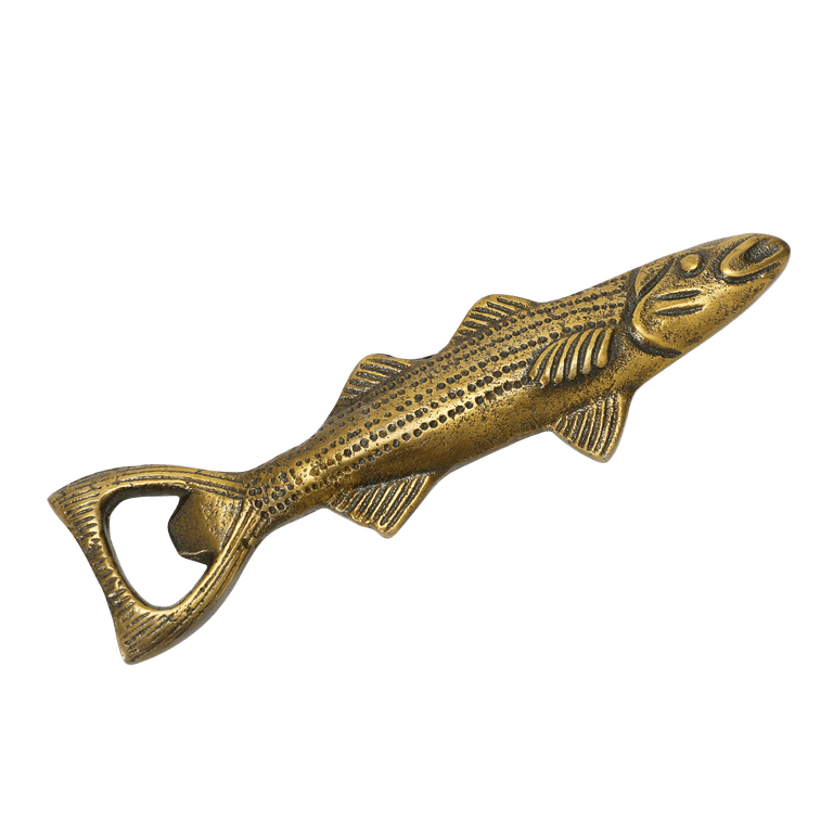 Creative Co-op Aluminum Fish Shaped Bottle Opener. Detailed antique brass finish fish design with tail bottle opener.