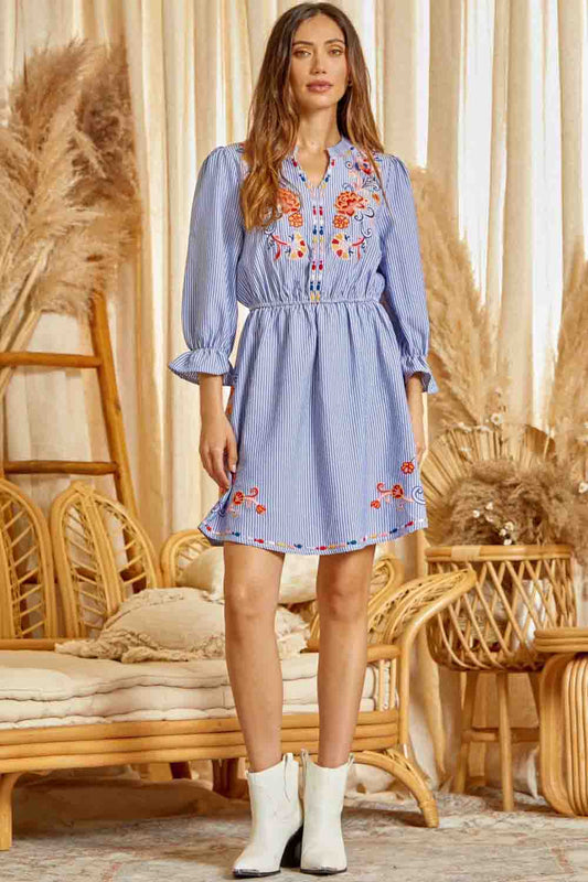 Striped Floral Embroidered Dress by Savanna Jane