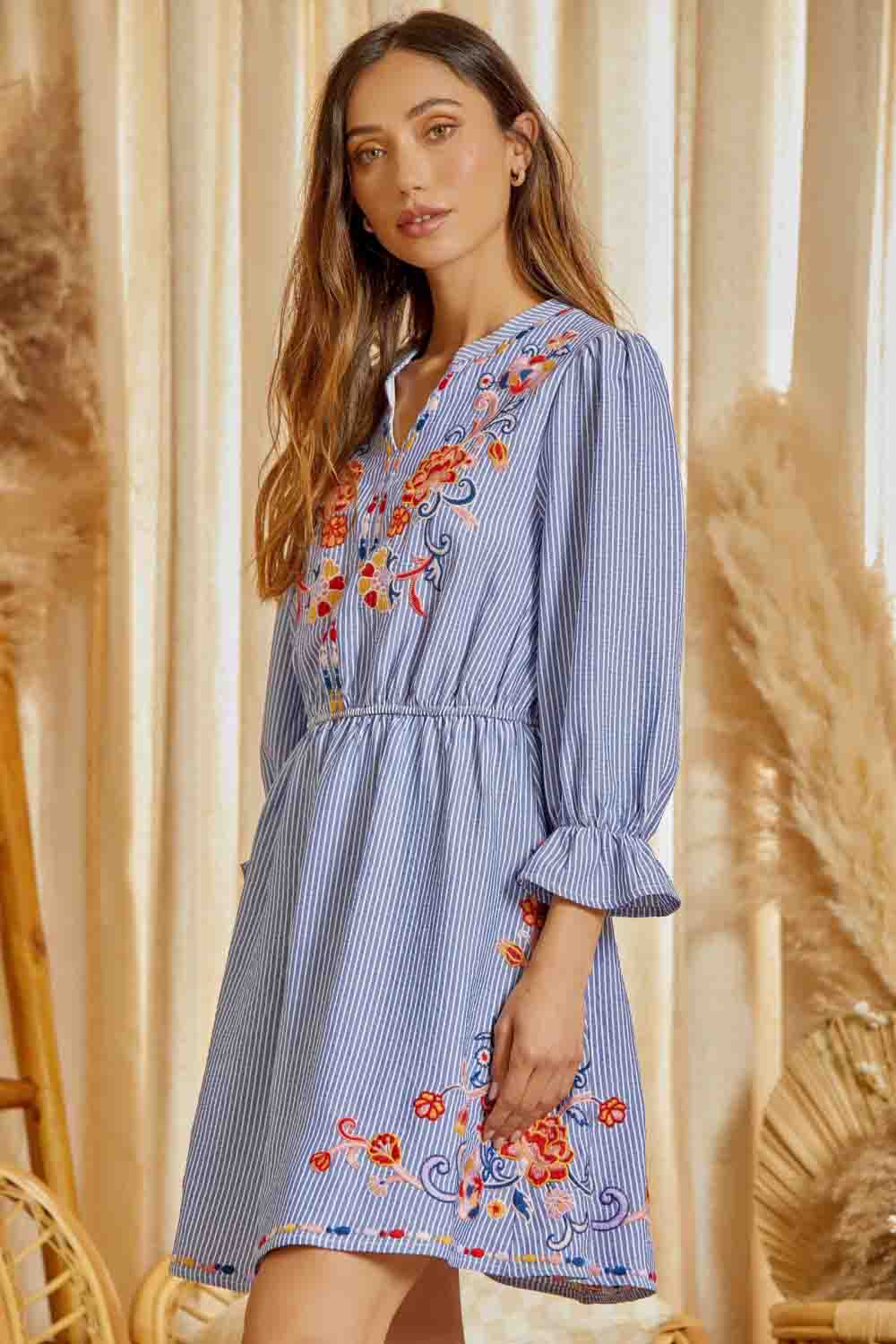 Striped Floral Embroidered Dress by Savanna Jane