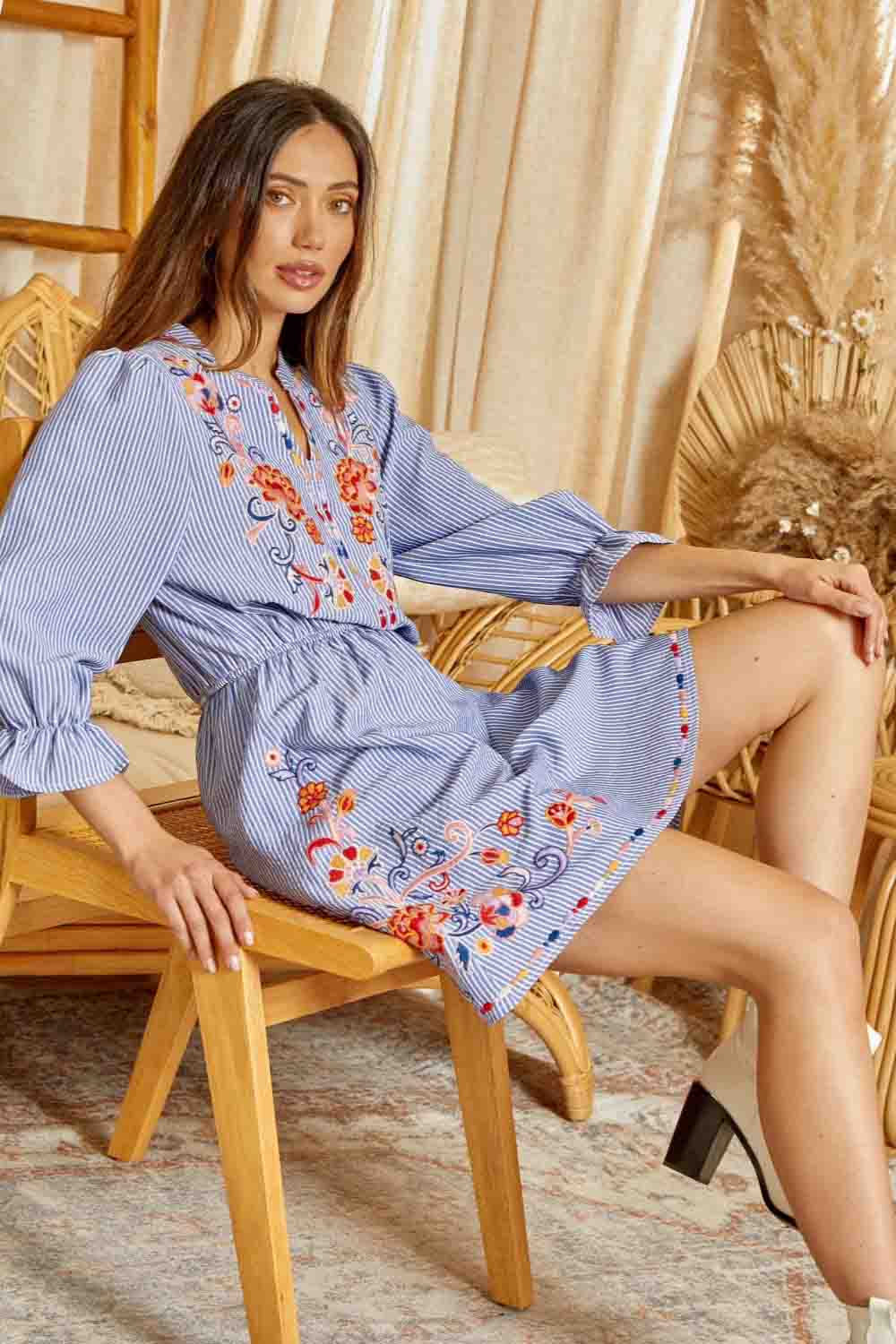 Striped Floral Embroidered Dress by Savanna Jane