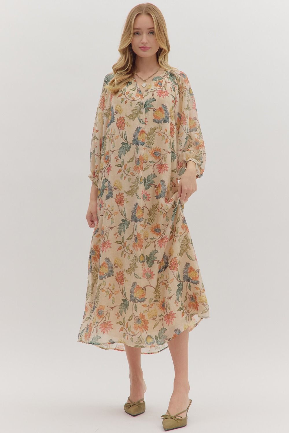 Botanical Print Long Sleeve Midi Dress by Entro S Botanical Print Long Sleeve Midi Dress by Entro S