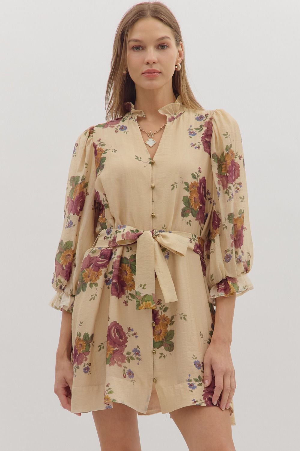 knee length dresses for ladies Entro Ivory Floral Print Buttoned Cotton Mini Dress