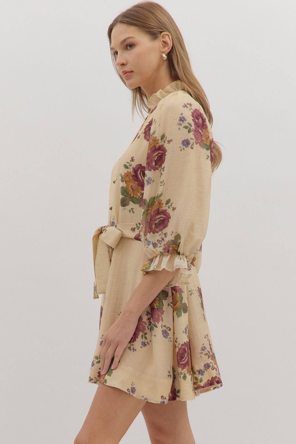 Floral Print Puff 3/4 Sleeve Mini Dress by Entro