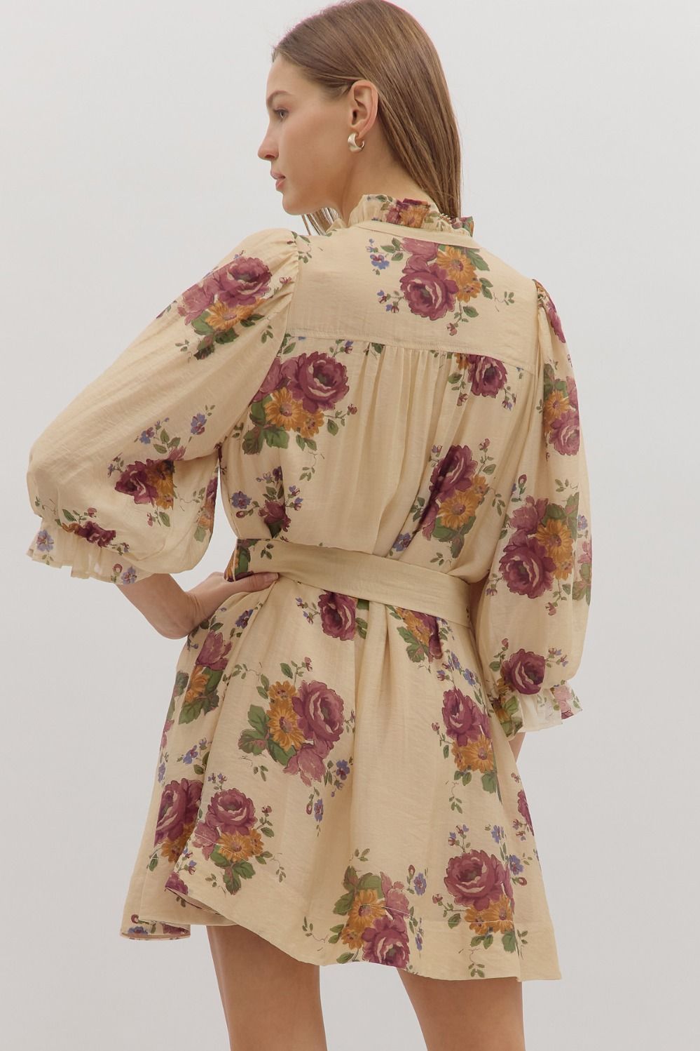 Floral Print Puff 3/4 Sleeve Mini Dress by Entro