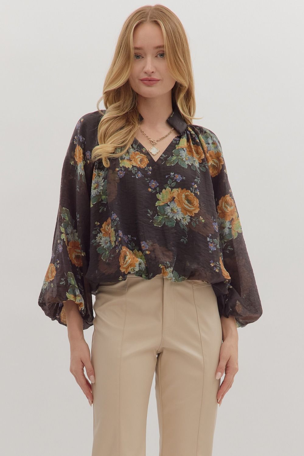 Floral Print Long Sleeve Top in Chocolate by Entro